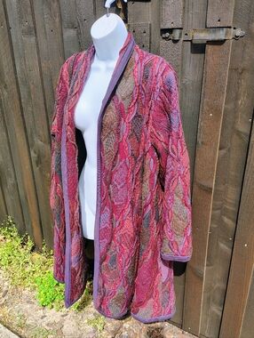 RARE Women’s COOGI Open-Front Pink Multicolor Textured Knit Sweater Coat
